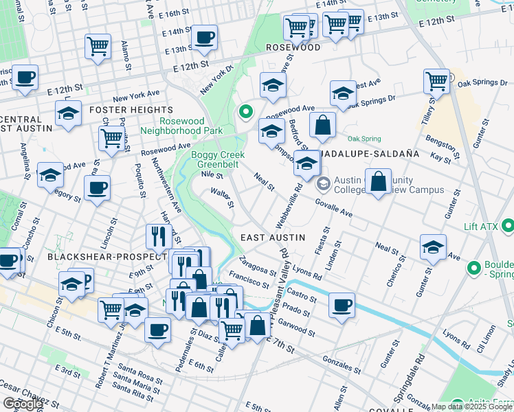 map of restaurants, bars, coffee shops, grocery stores, and more near 2909 Kuhlman Avenue in Austin
