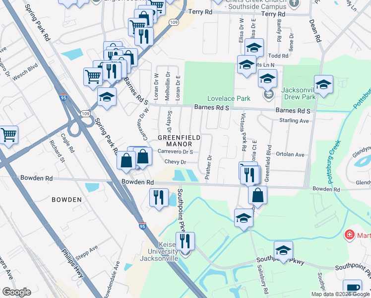 map of restaurants, bars, coffee shops, grocery stores, and more near 3254 Crosby Lane in Jacksonville