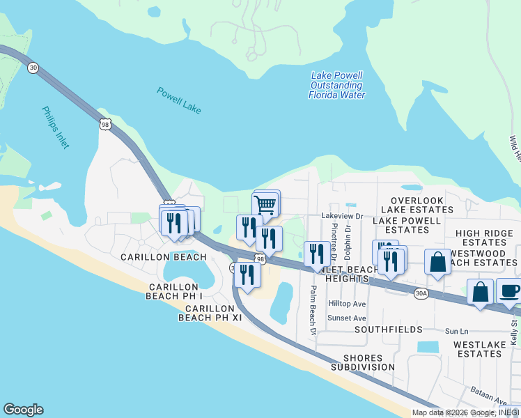 map of restaurants, bars, coffee shops, grocery stores, and more near 22822-22856 Lakeview Dr in Panama City Beach