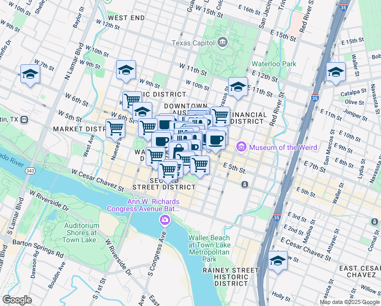 map of restaurants, bars, coffee shops, grocery stores, and more near in Austin