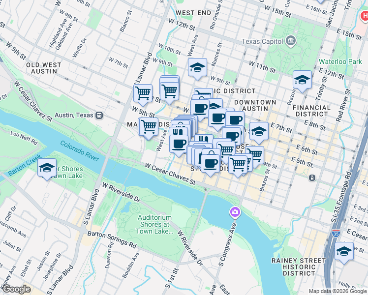 map of restaurants, bars, coffee shops, grocery stores, and more near 508 1/2 West 3rd Street in Austin