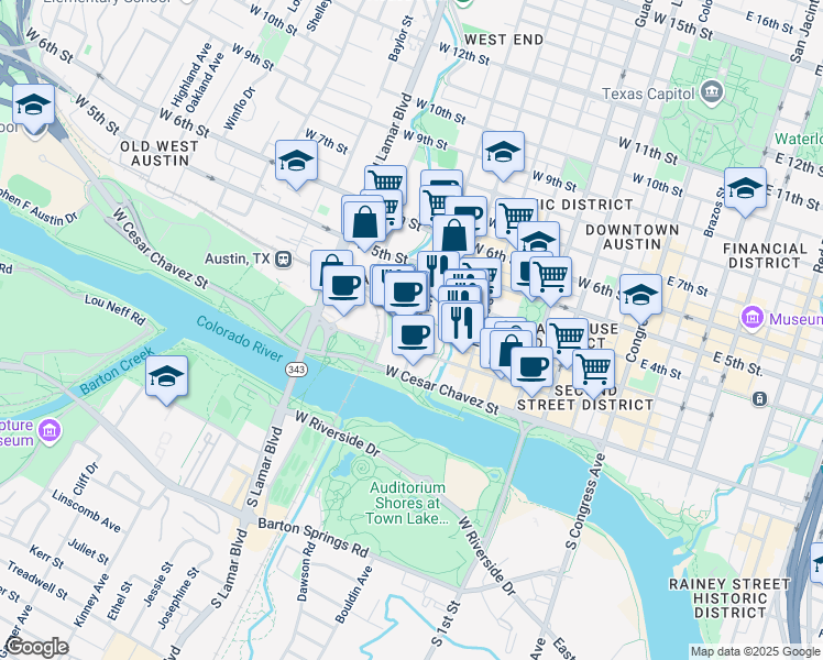 map of restaurants, bars, coffee shops, grocery stores, and more near 100 West Avenue in Austin