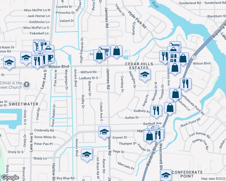 map of restaurants, bars, coffee shops, grocery stores, and more near 3838 Colebrooke Drive in Jacksonville