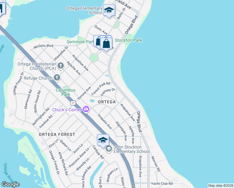 map of restaurants, bars, coffee shops, grocery stores, and more near 4239 Ortega Place in Jacksonville