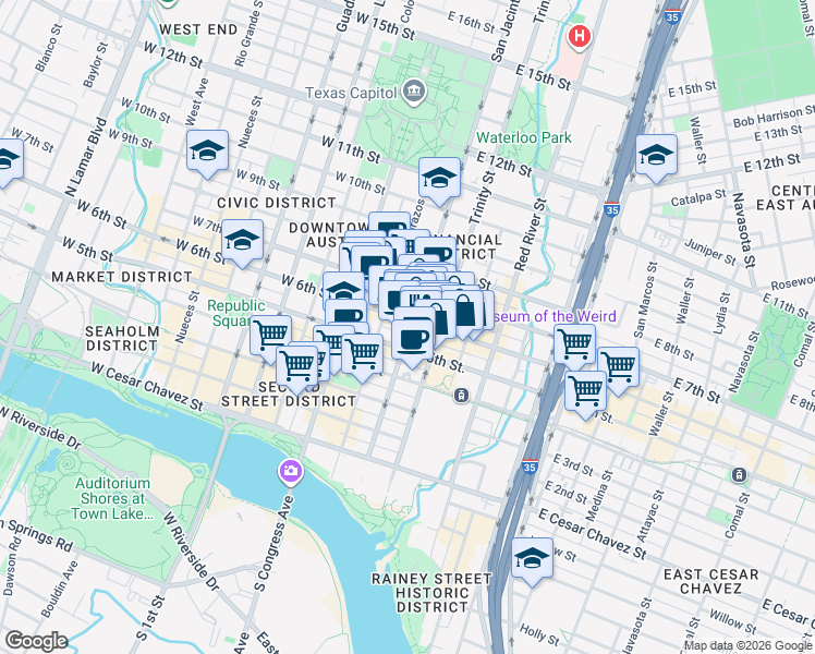 map of restaurants, bars, coffee shops, grocery stores, and more near in Austin