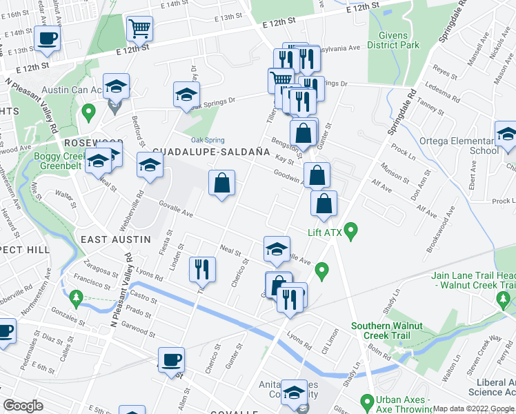 map of restaurants, bars, coffee shops, grocery stores, and more near 3310 Thompson Street in Austin