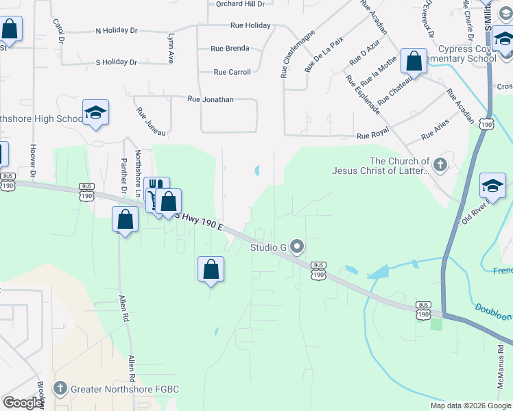 map of restaurants, bars, coffee shops, grocery stores, and more near 121 Shamrock Drive in Slidell