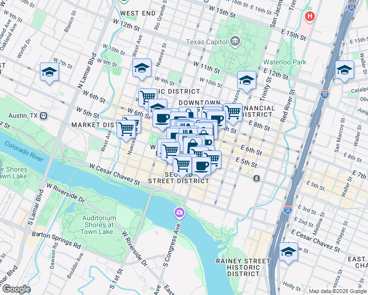 map of restaurants, bars, coffee shops, grocery stores, and more near 407 Colorado Street in Austin