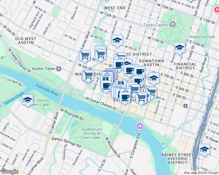 map of restaurants, bars, coffee shops, grocery stores, and more near 508 1/2 West 3rd Street in Austin