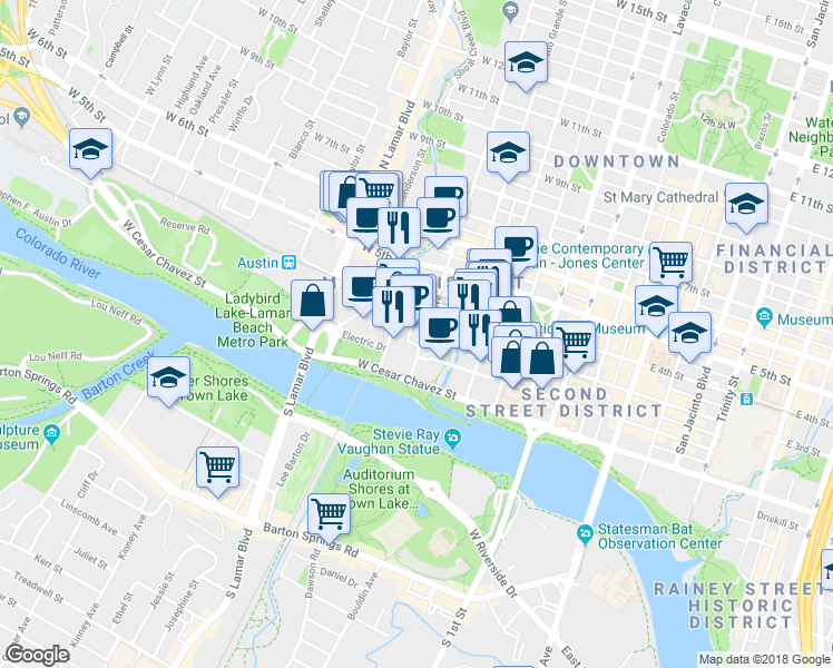 map of restaurants, bars, coffee shops, grocery stores, and more near 100 West Avenue in Austin