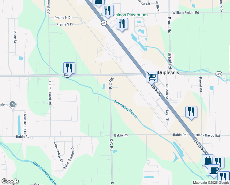 map of restaurants, bars, coffee shops, grocery stores, and more near 13455 K C Rd in Gonzales