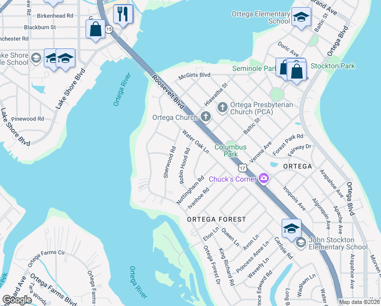 map of restaurants, bars, coffee shops, grocery stores, and more near 4141 Robin Hood Road in Jacksonville