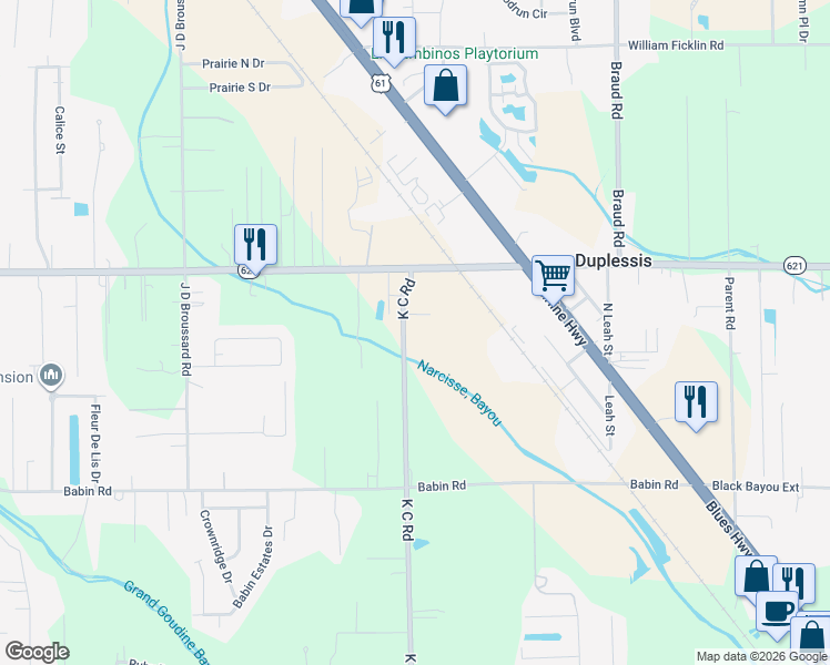 map of restaurants, bars, coffee shops, grocery stores, and more near 13455 K C Road in Gonzales