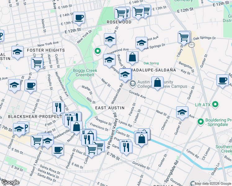 map of restaurants, bars, coffee shops, grocery stores, and more near 3012 Webberville Road in Austin