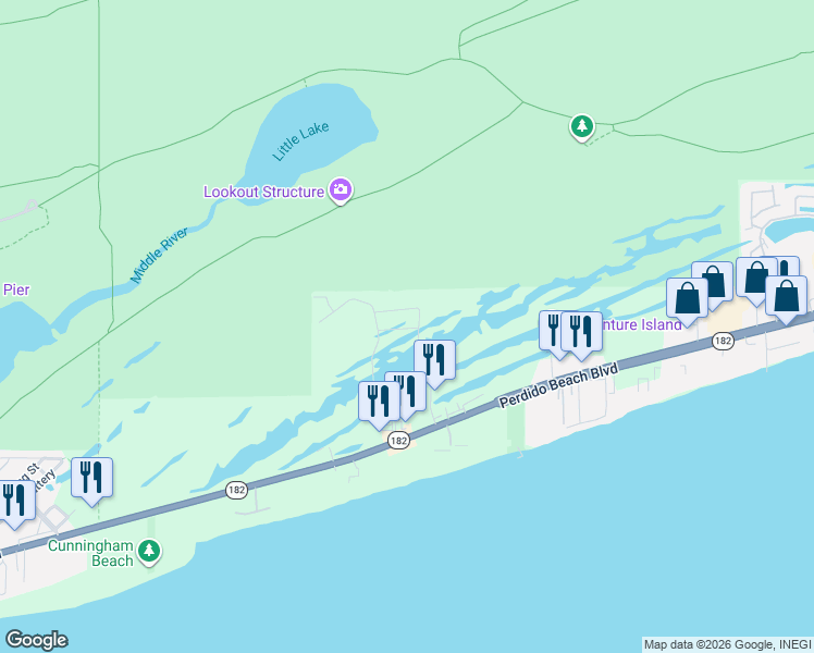 map of restaurants, bars, coffee shops, grocery stores, and more near 24101 Perdido Beach Boulevard in Orange Beach