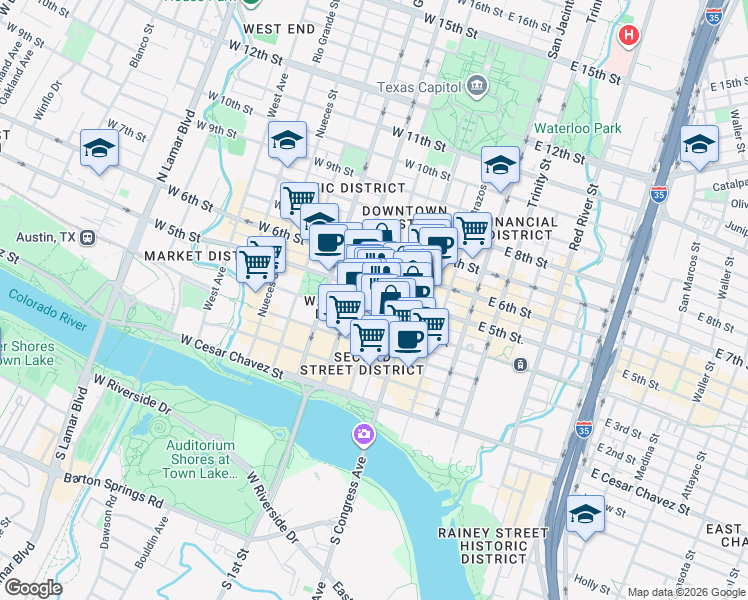 map of restaurants, bars, coffee shops, grocery stores, and more near 407 Colorado Street in Austin