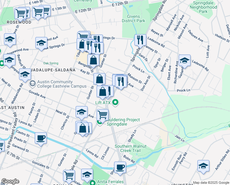 map of restaurants, bars, coffee shops, grocery stores, and more near 1002 Springdale Road in Austin