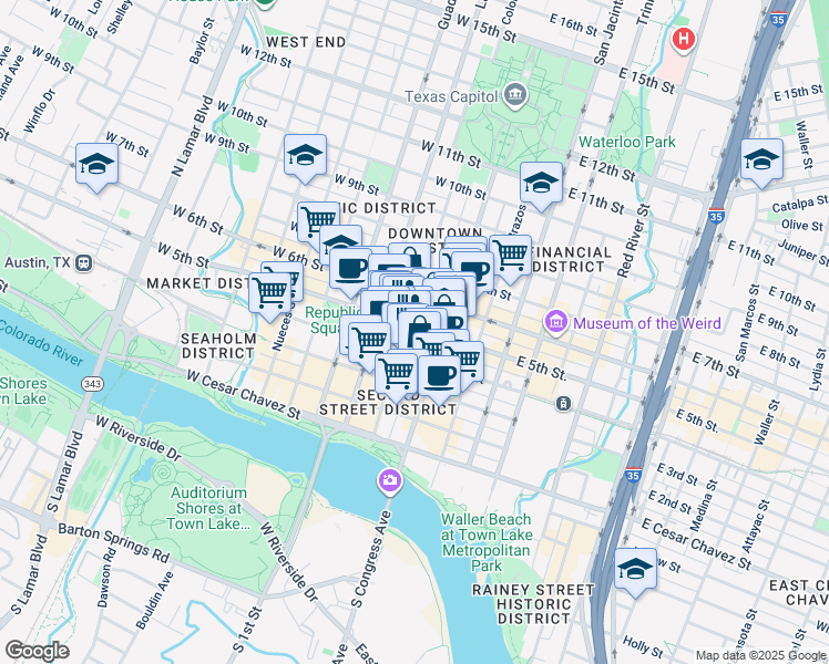 map of restaurants, bars, coffee shops, grocery stores, and more near 407 Colorado Street in Austin