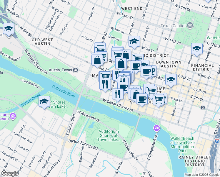 map of restaurants, bars, coffee shops, grocery stores, and more near 100 West Avenue in Austin