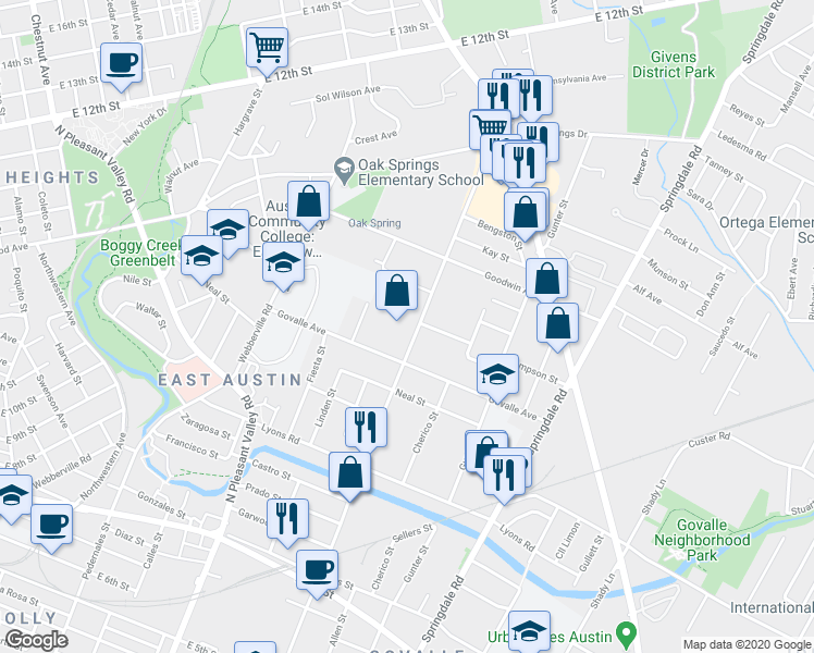 map of restaurants, bars, coffee shops, grocery stores, and more near 1118 Tillery Street in Austin