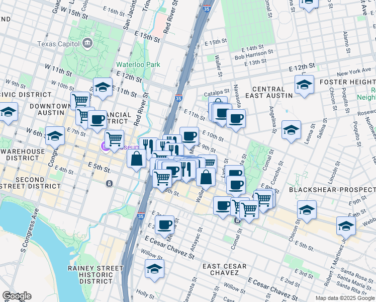 map of restaurants, bars, coffee shops, grocery stores, and more near 802 San Marcos Street in Austin