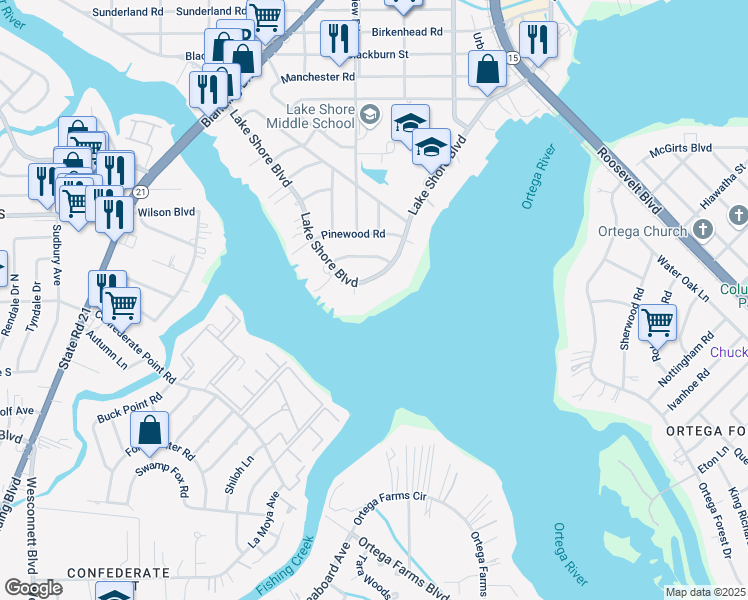 map of restaurants, bars, coffee shops, grocery stores, and more near 3000 Lake Shore Boulevard in Jacksonville