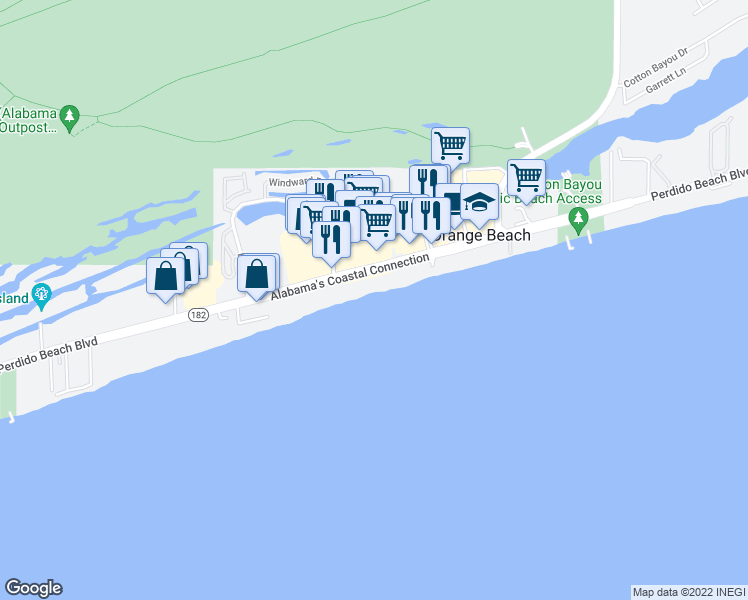 map of restaurants, bars, coffee shops, grocery stores, and more near 25360 Perdido Beach Boulevard in Orange Beach