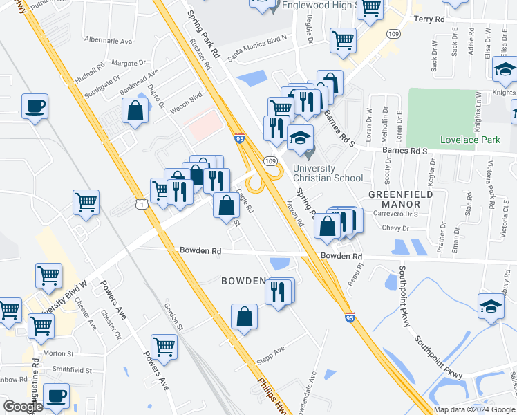 map of restaurants, bars, coffee shops, grocery stores, and more near 5649 Cagle Road in Jacksonville