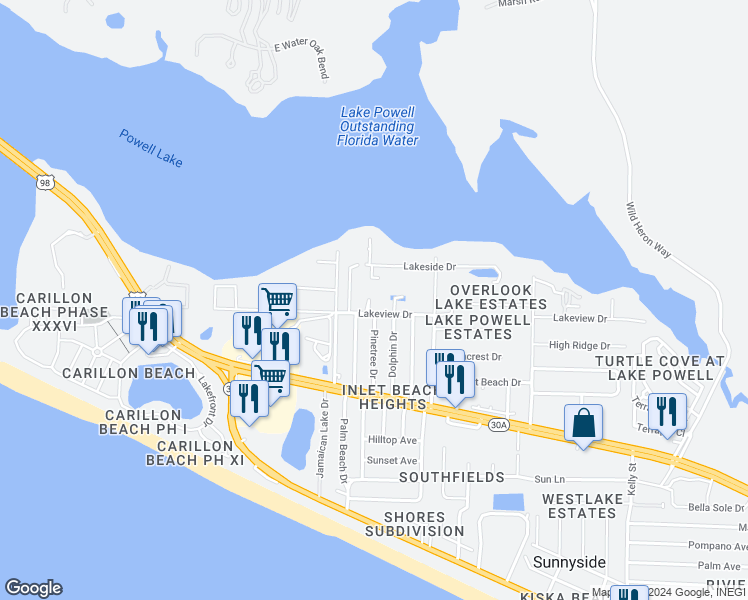 map of restaurants, bars, coffee shops, grocery stores, and more near 22702 Lakeview Drive in Panama City Beach