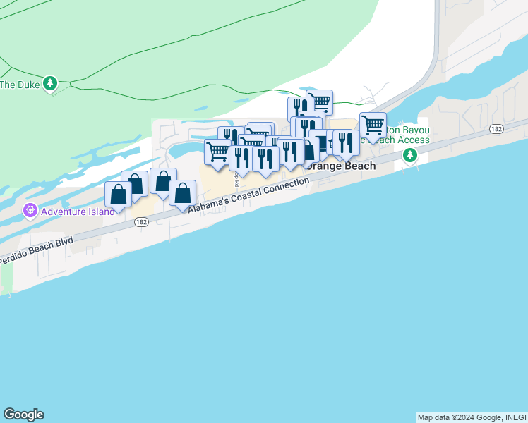 map of restaurants, bars, coffee shops, grocery stores, and more near 25360 Perdido Beach Boulevard in Orange Beach