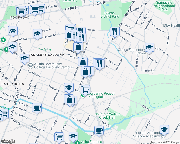 map of restaurants, bars, coffee shops, grocery stores, and more near 1002-1016 Springdale Road in Austin