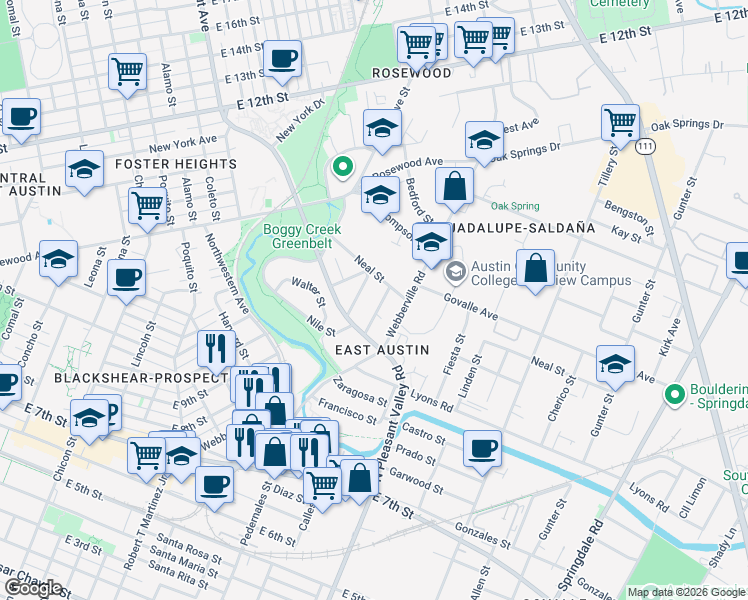 map of restaurants, bars, coffee shops, grocery stores, and more near 2907 Kuhlman Avenue in Austin