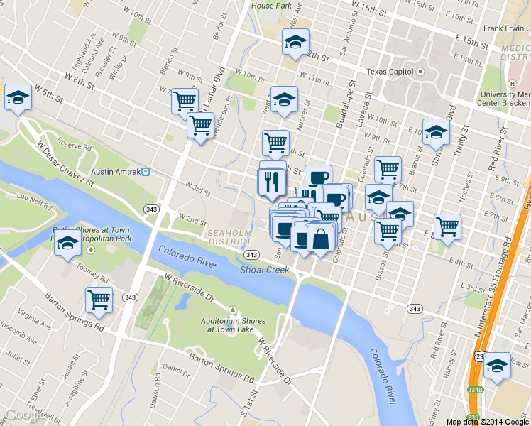 map of restaurants, bars, coffee shops, grocery stores, and more near 311 Nueces Street in Austin