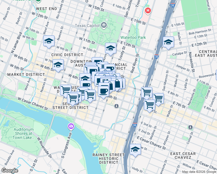 map of restaurants, bars, coffee shops, grocery stores, and more near 318 East 6th Street in Austin