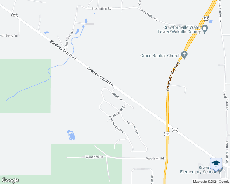 map of restaurants, bars, coffee shops, grocery stores, and more near 66 Violet Lane in Crawfordville