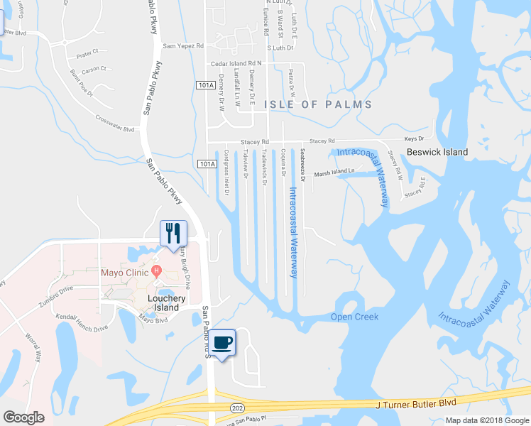 map of restaurants, bars, coffee shops, grocery stores, and more near 4301 Tradewinds Drive in Jacksonville
