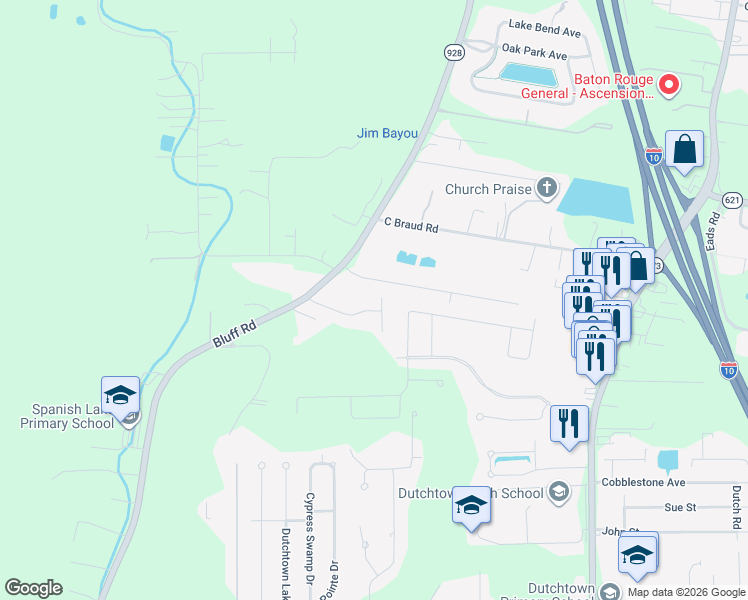 map of restaurants, bars, coffee shops, grocery stores, and more near 36296 Bluff Heritage Avenue in Geismar