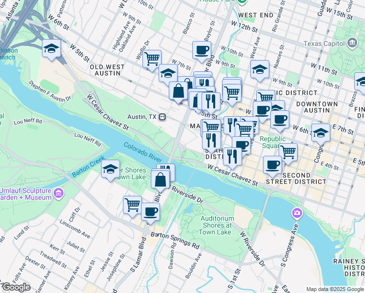 map of restaurants, bars, coffee shops, grocery stores, and more near 115 Sandra Muraida Way in Austin