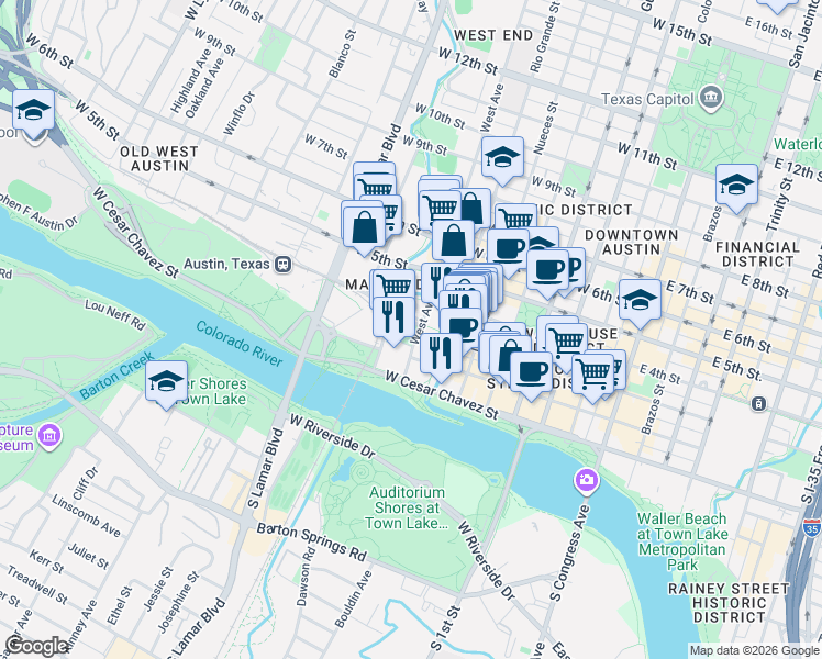 map of restaurants, bars, coffee shops, grocery stores, and more near 100 West Avenue in Austin