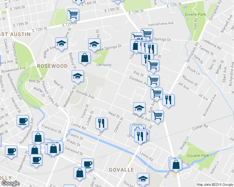 map of restaurants, bars, coffee shops, grocery stores, and more near Tillery St & Thompson St in Austin