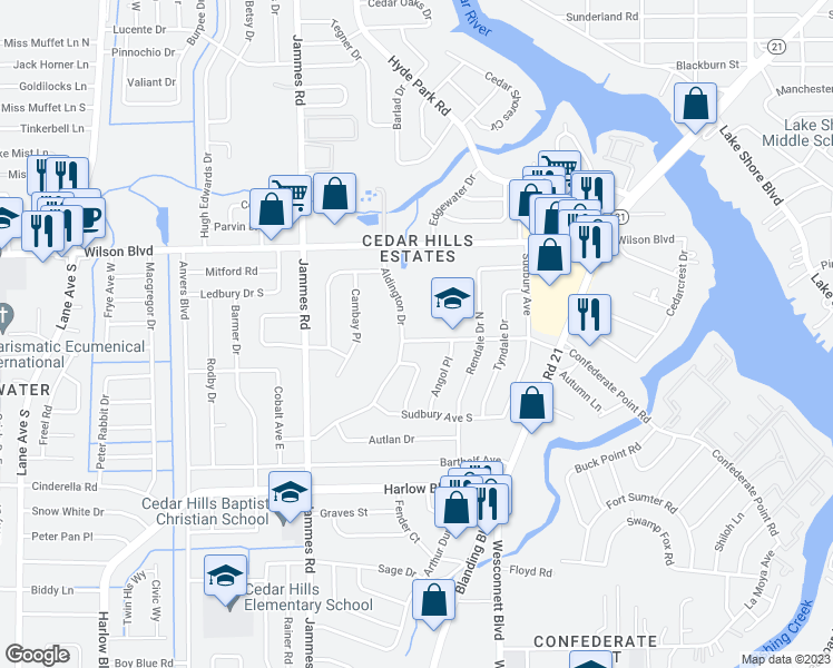 map of restaurants, bars, coffee shops, grocery stores, and more near 6146 Cedar Hills Boulevard in Jacksonville