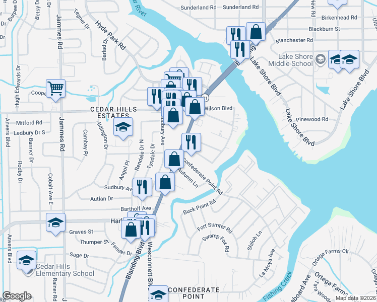 map of restaurants, bars, coffee shops, grocery stores, and more near 5754 Cedar Forest Drive South in Jacksonville
