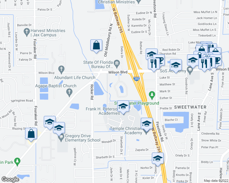 map of restaurants, bars, coffee shops, grocery stores, and more near 3671 Kirkpatrick Circle in Jacksonville