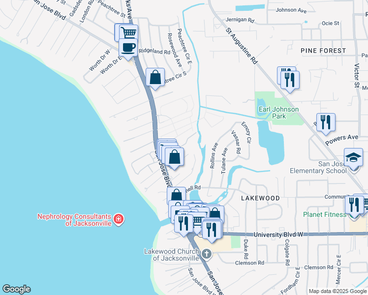 map of restaurants, bars, coffee shops, grocery stores, and more near 1564 Arcadia Drive in Jacksonville