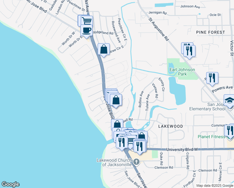 map of restaurants, bars, coffee shops, grocery stores, and more near 1564 Arcadia Drive in Jacksonville
