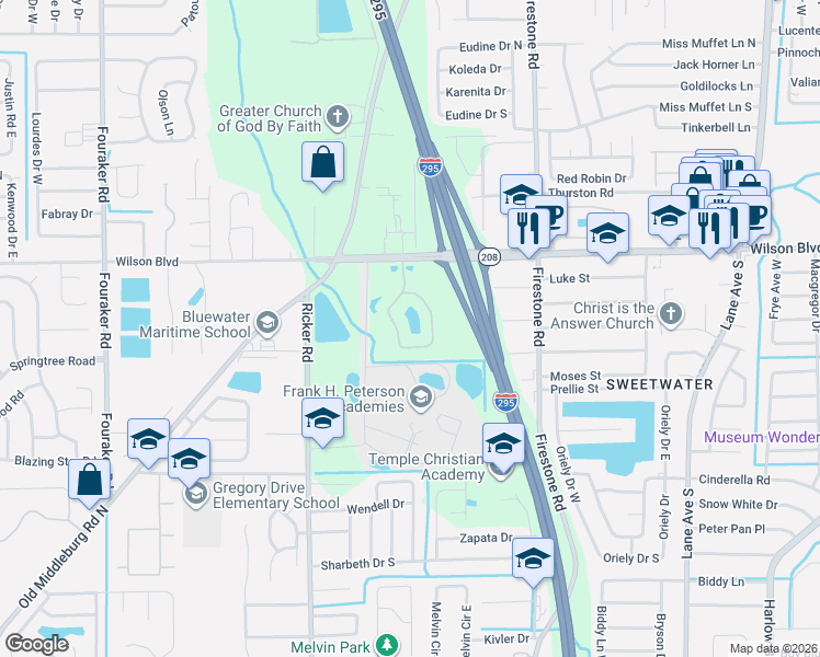 map of restaurants, bars, coffee shops, grocery stores, and more near 3671 Kirkpatrick Circle in Jacksonville
