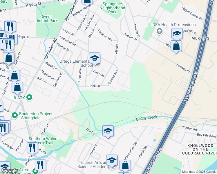 map of restaurants, bars, coffee shops, grocery stores, and more near 5409 Prock Lane in Austin