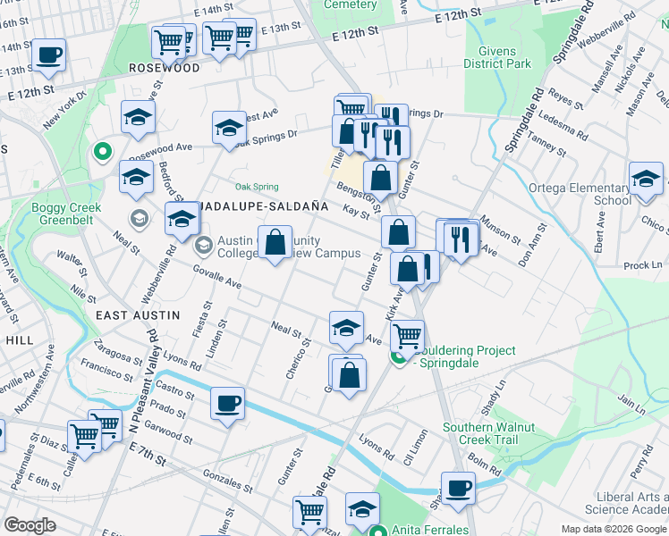 map of restaurants, bars, coffee shops, grocery stores, and more near 3310 Thompson Street in Austin