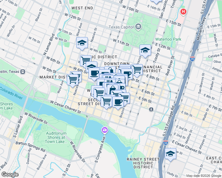 map of restaurants, bars, coffee shops, grocery stores, and more near 407 Colorado Street in Austin