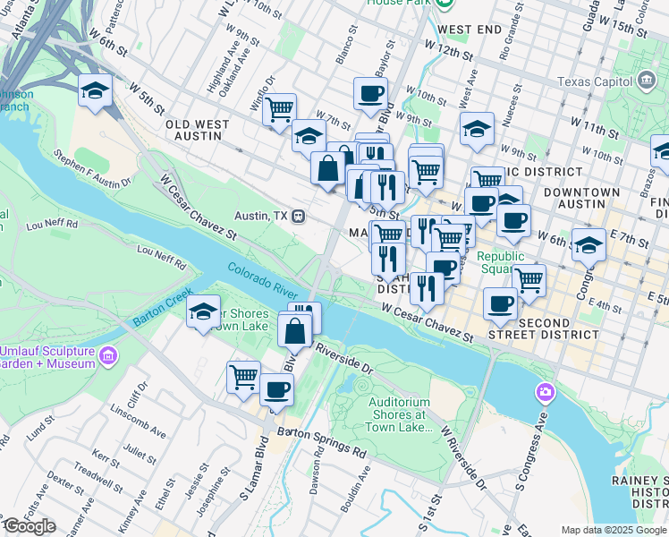 map of restaurants, bars, coffee shops, grocery stores, and more near 115 Sandra Muraida Way in Austin